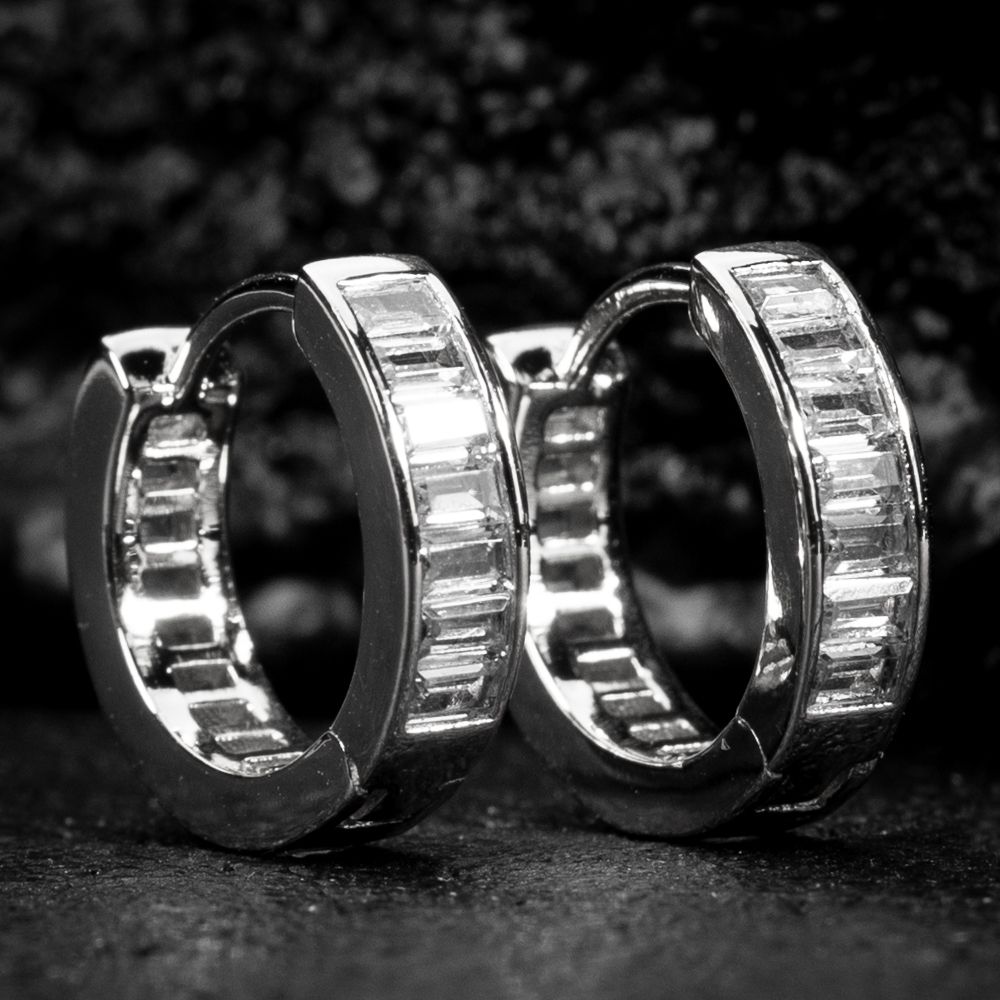 White Gold Plated 925 Sterling Silver Brilliant Elegant  Iced Cz Baguette Hoop Earrings