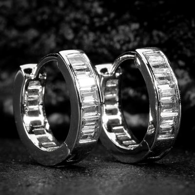 White Gold Plated 925 Sterling Silver Brilliant Elegant  Iced Cz Baguette Hoop Earrings