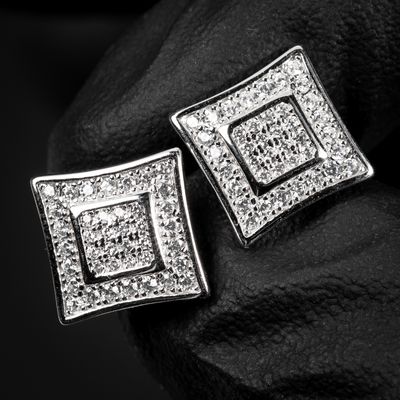 Hip Hop White Gold Square Iced Cz Square Stud Screw Back Post Earrings.