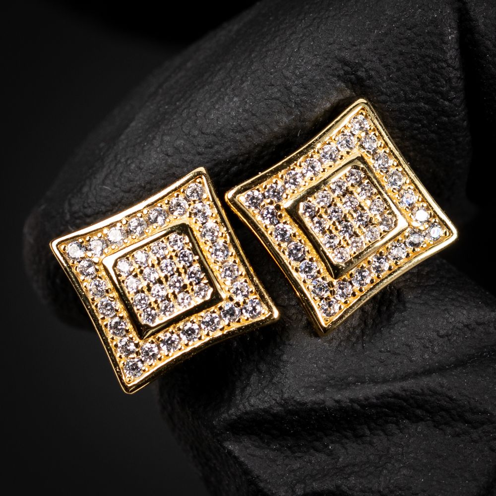 Hip Hop Yellow Gold Square Iced Cz Square Stud Screw Back Post Earrings.