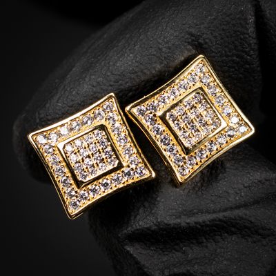 Hip Hop Yellow Gold Square Iced Cz Square Stud Screw Back Post Earrings