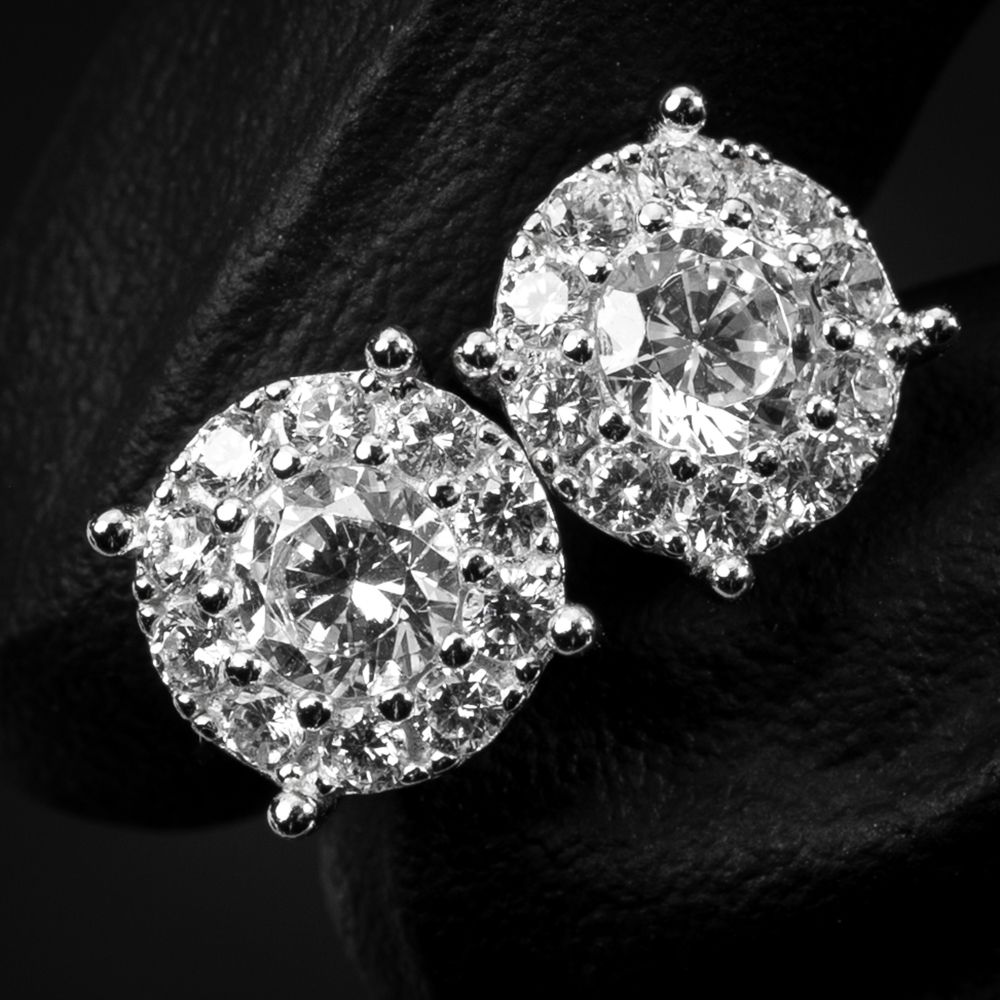 Round 14K White Gold Round Iced Cz Hip Hop Men&#39;s Flower Cluster Stud Circle Screw Back Earrings