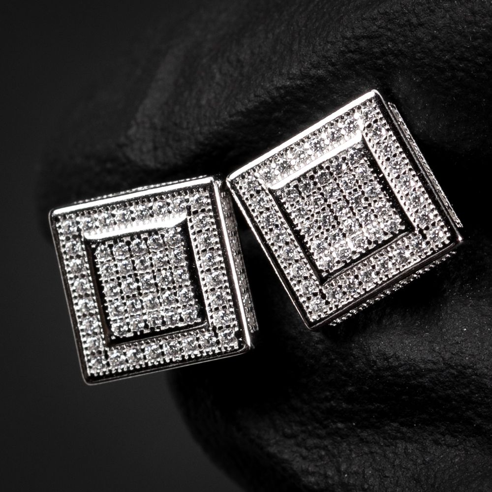 White Gold Square Halo Iced Cz Square Stud Screw Back Post Hip Hop Earrings