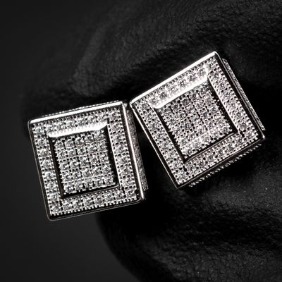 White Gold Square Halo Iced Cz Square Stud Screw Back Post Hip Hop Earrings