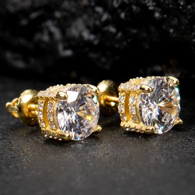 Fully Iced Round Solitaire Yellow Gold 925 Sterling Silver Circle Stud Screw Back Earrings