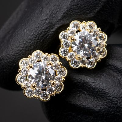 Round Halo Brilliant 925 Sterling Silver 14K Yellow Gold Flower Cluster Hip Hop Stud Earrings