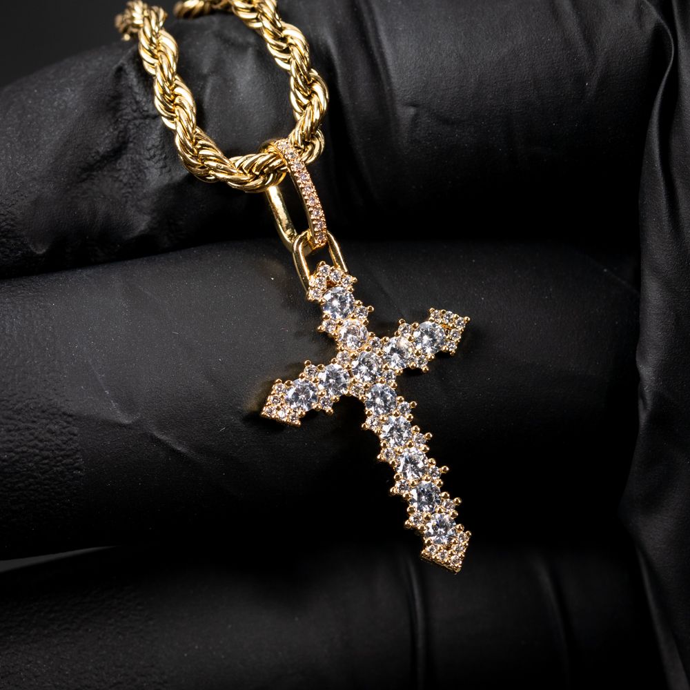 Mini Yellow Gold Iced Cz Cross Pendant &amp; Rope Chain Necklace