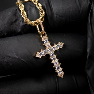 Mini Yellow Gold Iced Cz Cross Pendant &amp; Rope Chain Necklace