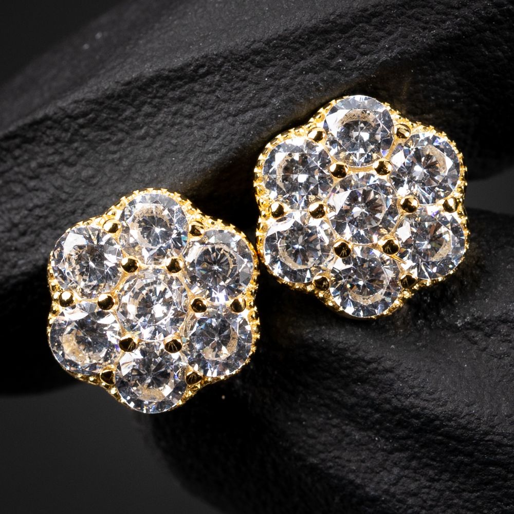 Men&#39;s Brilliant Iced Cz Flower Cluster Yellow Gold 925 Sterling Silver 10mm Stud Earrings