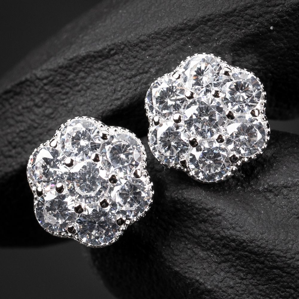 Men's Brilliant Iced Cz Flower Cluster White Gold 925 Sterling Silver 10mm Stud Earrings Men's Brilliant Iced Cz Flower Cluster White Gold 925 Sterling Silver 10mm Stud Earrings