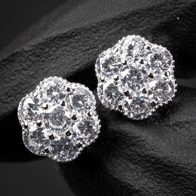 Men&#39;s Brilliant Iced Cz Flower Cluster White Gold 925 Sterling Silver 10mm Stud Earrings