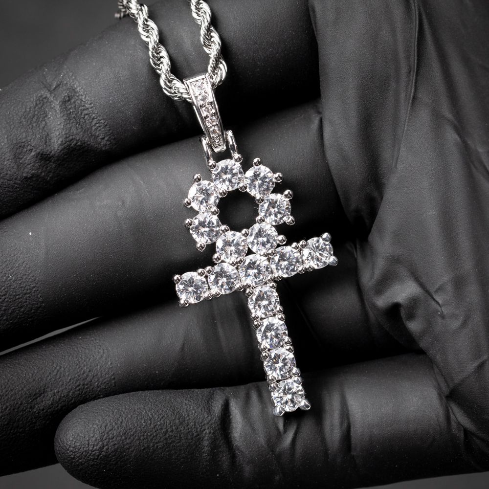 White Gold Iced Pointer Cz Egyptian Ankh Cross Pendant With Rope Chain Necklace