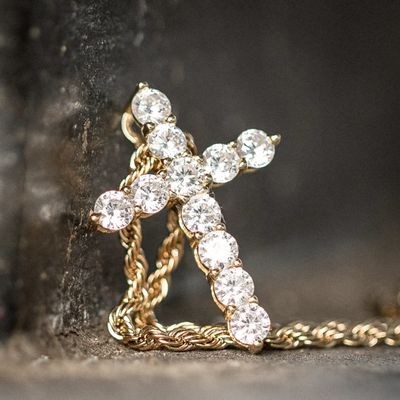 Small Mini Yellow Gold Plated Iced Cz Micro Cross Pendant And Rope Chain Necklace