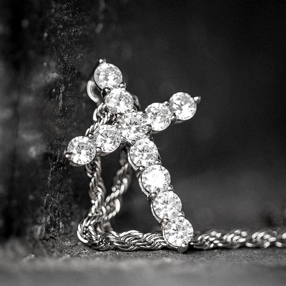 Small Mini White Gold Plated Iced Cz Micro Cross Pendant And Rope Chain Necklace