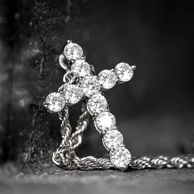 Small Mini White Gold Plated Iced Cz Micro Cross Pendant And Rope Chain Necklace