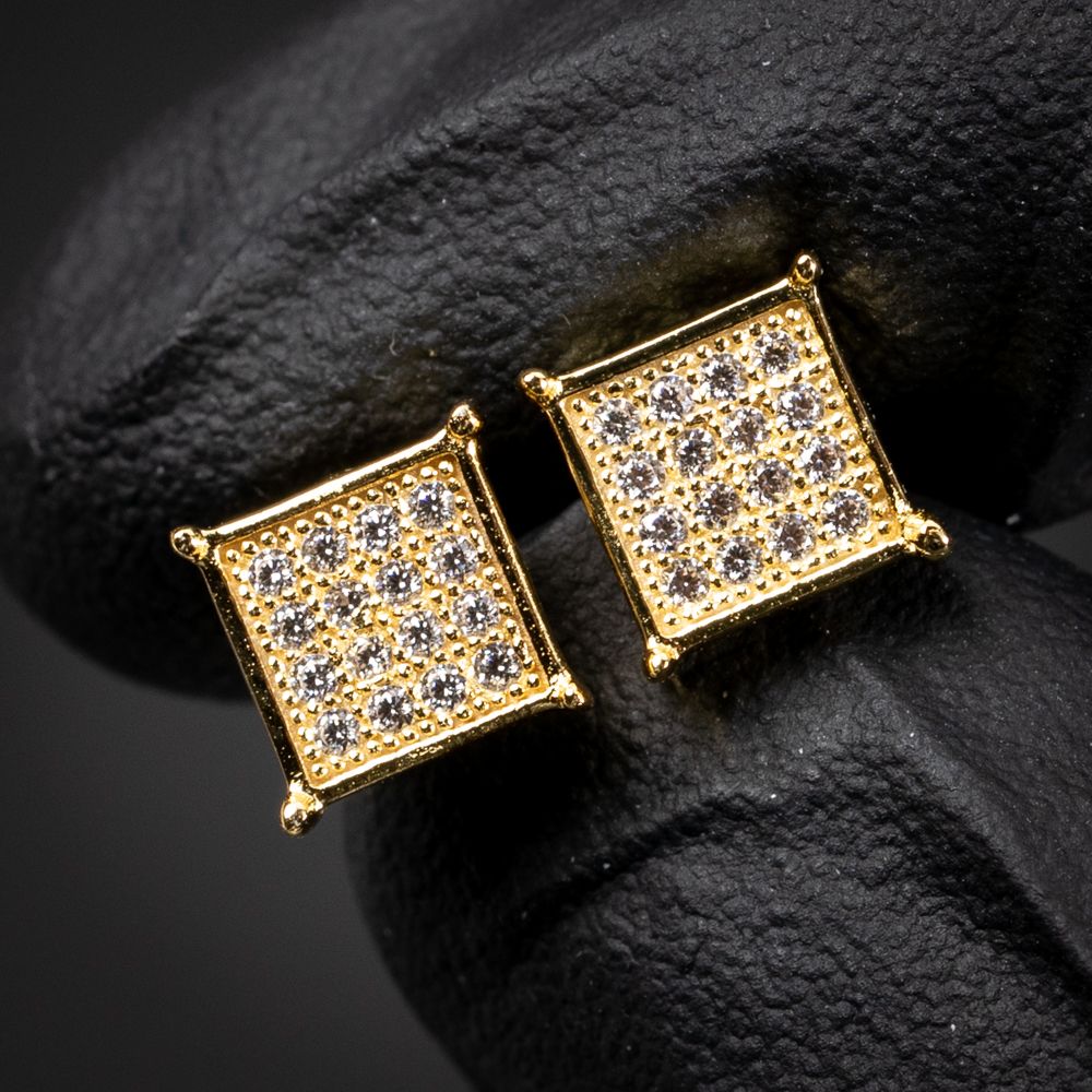 Mens Small Yellow Gold 925 Sterling Silver Square Screw Back Stud Earrings
