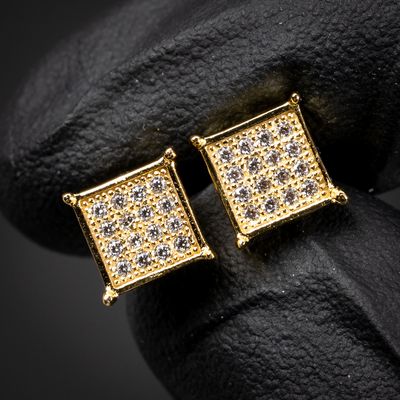 Mens Small Yellow Gold 925 Sterling Silver Square Screw Back Stud Earrings