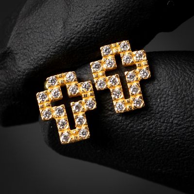 Small Yellow Gold Plated Sterling Silver Iced Cross Stud Earrings