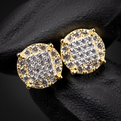 Men&#39;s Micro Pave 14k Yellow Gold Sterling Silver Round Stud Earrings
