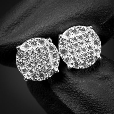 Men's Micro Pave White Gold Sterling Silver Round Stud Earrings Men's Micro Pave White Gold Sterling Silver Round Stud Earrings
