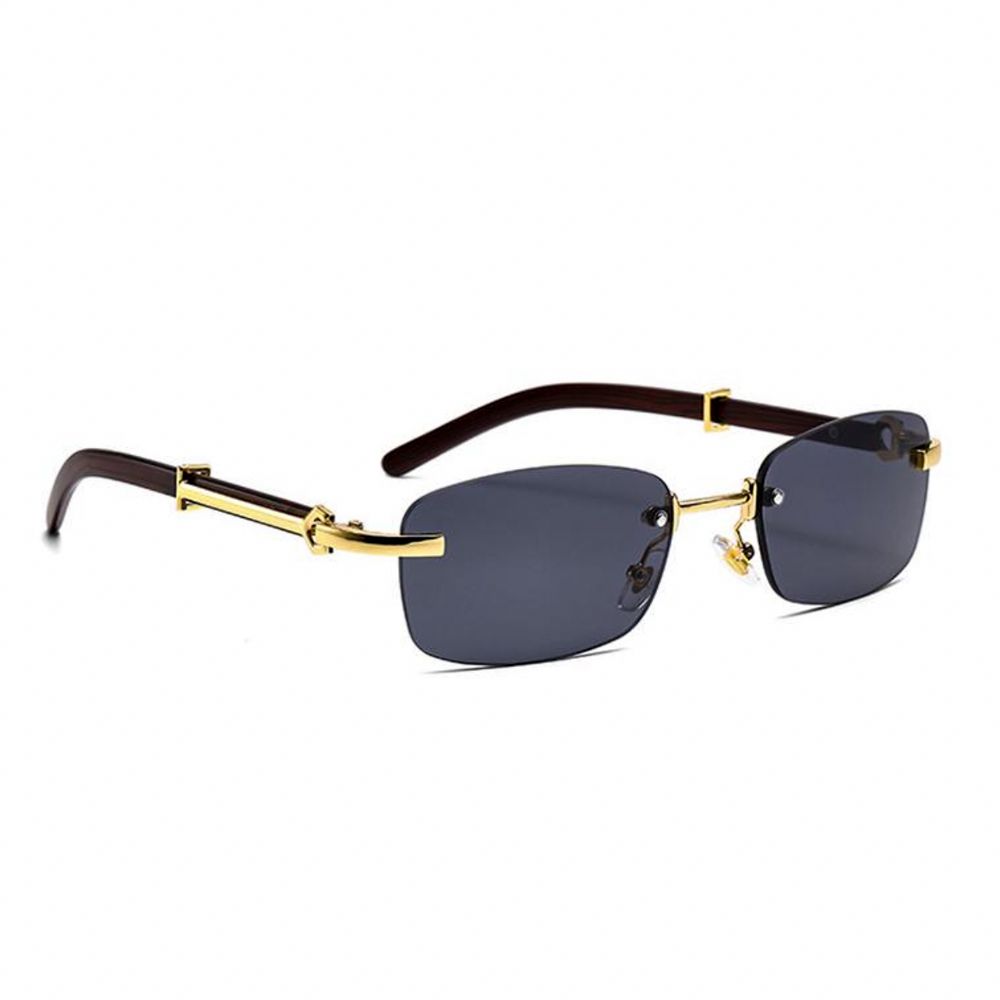 Rectangle Rimless Gold Frame Woodgrain Men Women&#39;s Black Tint Hip Hop Sunglasses