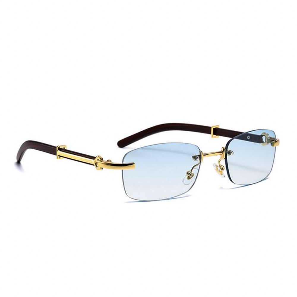 Rectangle Rimless Gold Frame Woodgrain Men Women&#39;s Sky Blue Tint Hip Hop Sunglasses