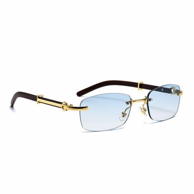 Rectangle Rimless Gold Frame Woodgrain Men Women&#39;s Sky Blue Tint Hip Hop Sunglasses