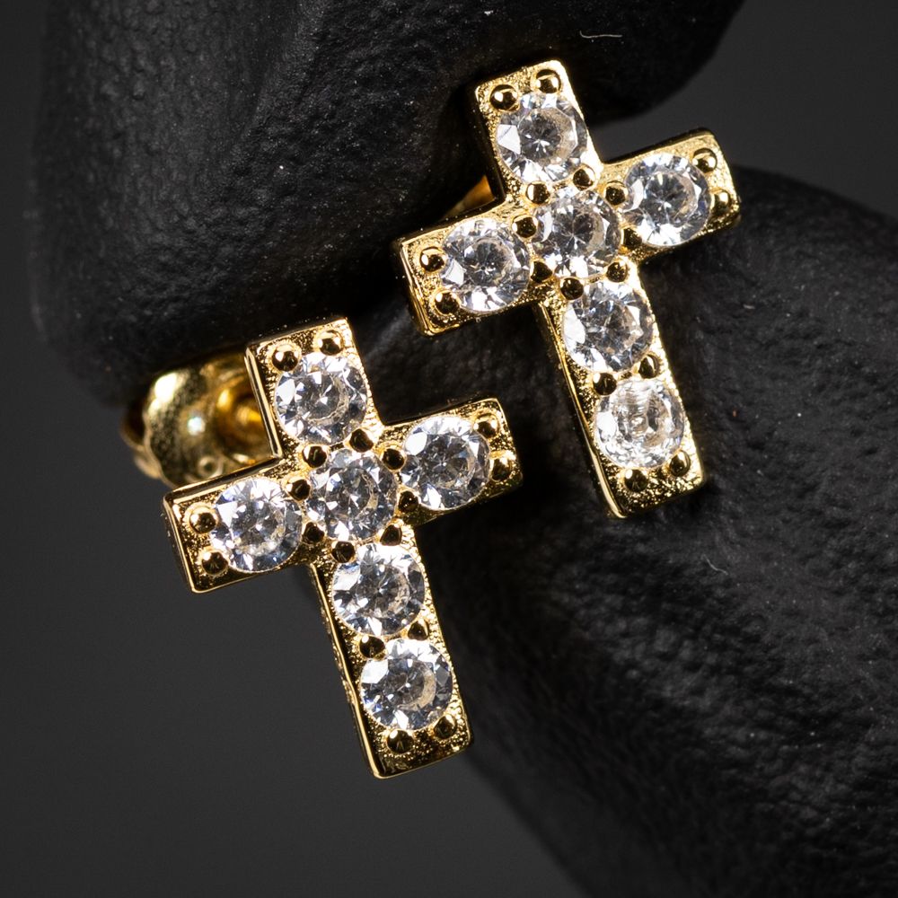 Small Solitaire Cz 14K Yellow Gold Sterling Silver Cross Screw Back Stud Earrings
