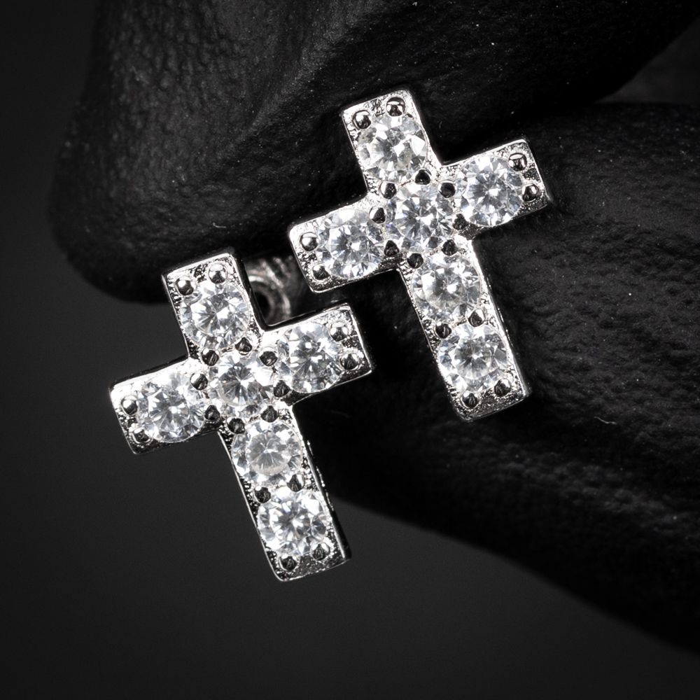 Small Solitaire Cz White Gold Sterling Silver Cross Screw Back Stud Earrings
