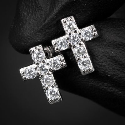 Small Solitaire Cz White Gold Sterling Silver Cross Screw Back Stud Earrings