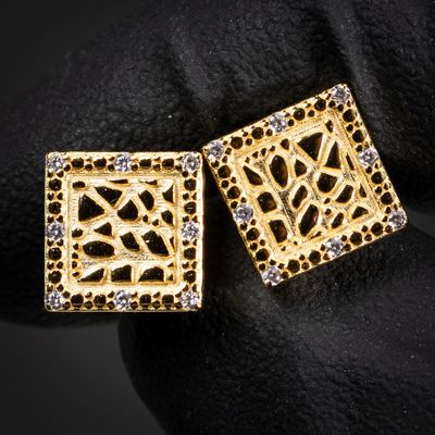 Mens Iced Cz Yellow Gold Sterling Silver 9mm Square Nugget Hip Hop Stud Earrings
