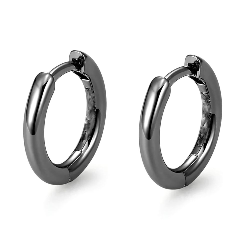 Classic Elegant Pure Solid 925 Sterling Silver Black Plated Small Hoop Earrings