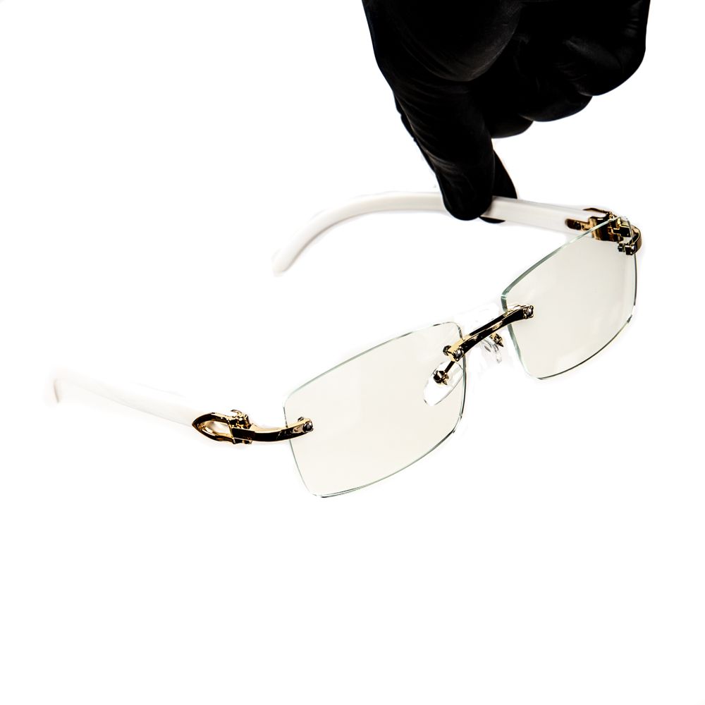 White Wood Grain Rimless Clear Lens Rectangular Gold Frame Clear Glasses