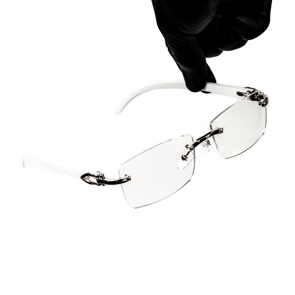 White Wood Grain Rimless Clear Lens Rectangular Silver Frame Clear Glasses