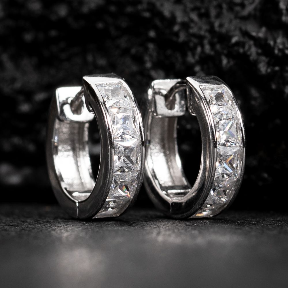 White Gold Plated 925 Sterling Silver Square Princess Cut Huggie Hoop Earrings