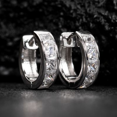 White Gold Plated 925 Sterling Silver Square Princess Cut Huggie Hoop Earrings