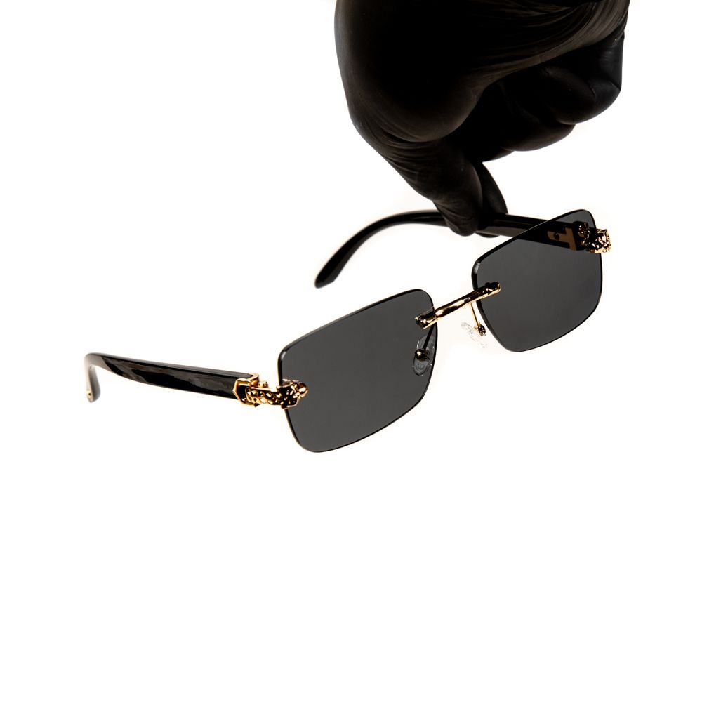Men&#39;s Rimless Gold Frame Dark Black Tint Leopard Head Luxury Sunglasses