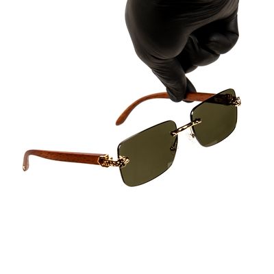 Men&#39;s Rimless Gold Frame Dark Green Tint Leopard Head Luxury Woodgrain Sunglasses