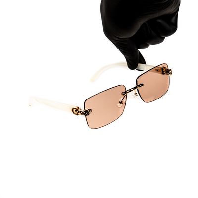 Men&#39;s Rimless Gold Frame Pink Tint Hip Hop Leopard Head Luxury Sunglasses