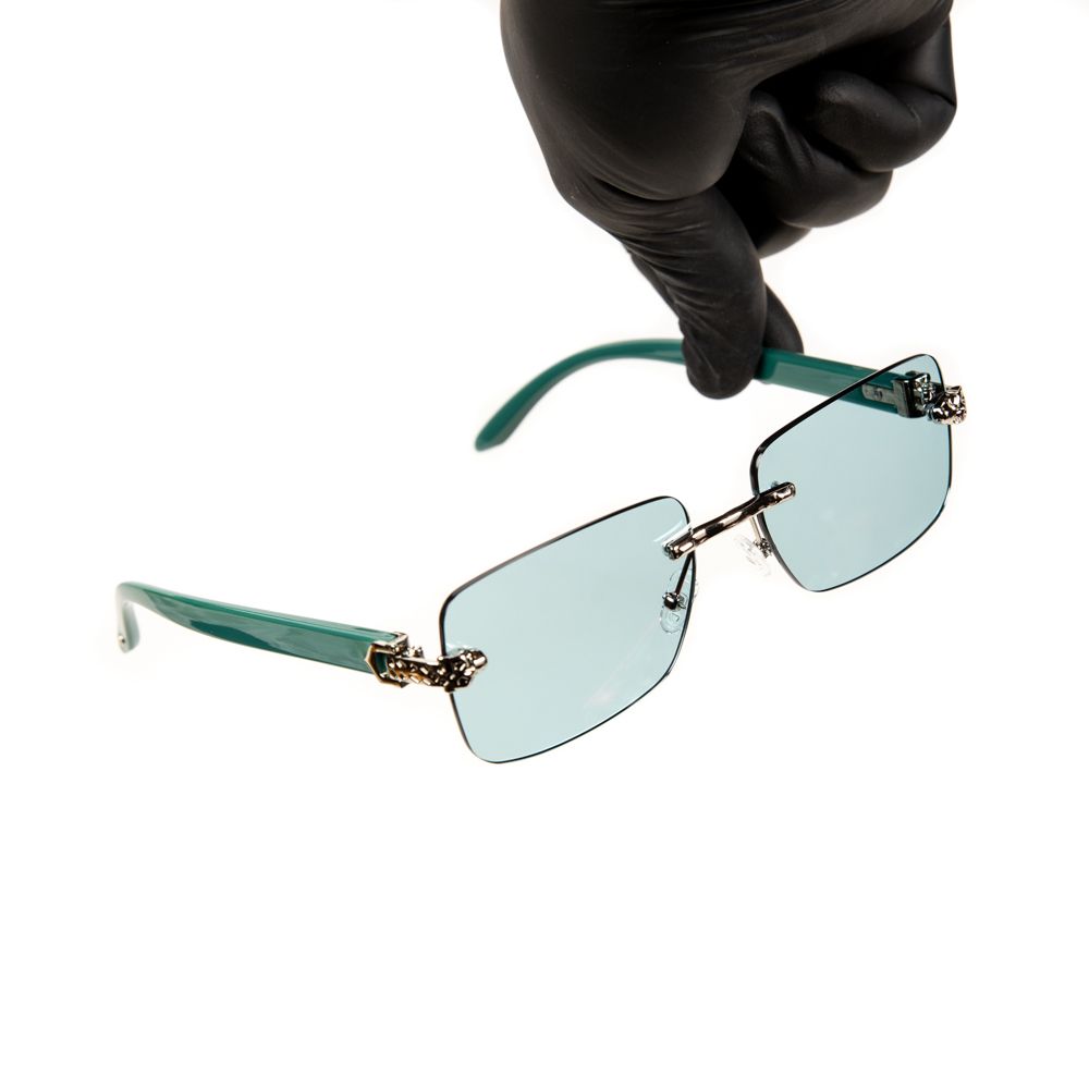 Men&#39;s Rimless Silver Frame Turquoise Tint Hip Hop Leopard Head Luxury Sunglasses