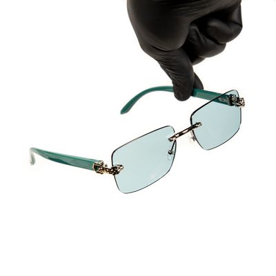 Men&#39;s Rimless Silver Frame Turquoise Tint Hip Hop Leopard Head Luxury Sunglasses