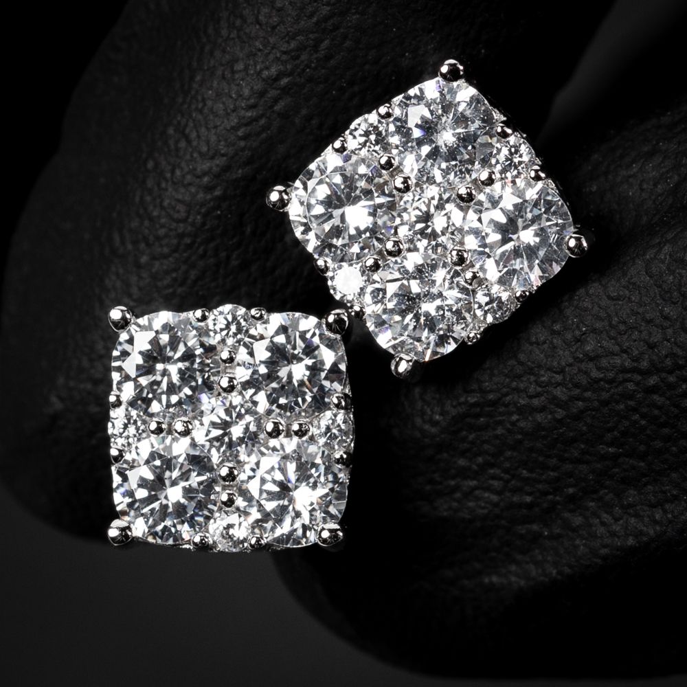 White Gold Plated Sterling Silver Square Flower Cluster Stud Screw Back Earrings