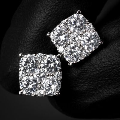 White Gold Plated Sterling Silver Square Flower Cluster Stud Screw Back Earrings