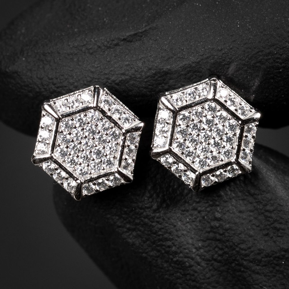 Octagon 925 Sterling Silver Cluster Stud Hip Hop Earrings