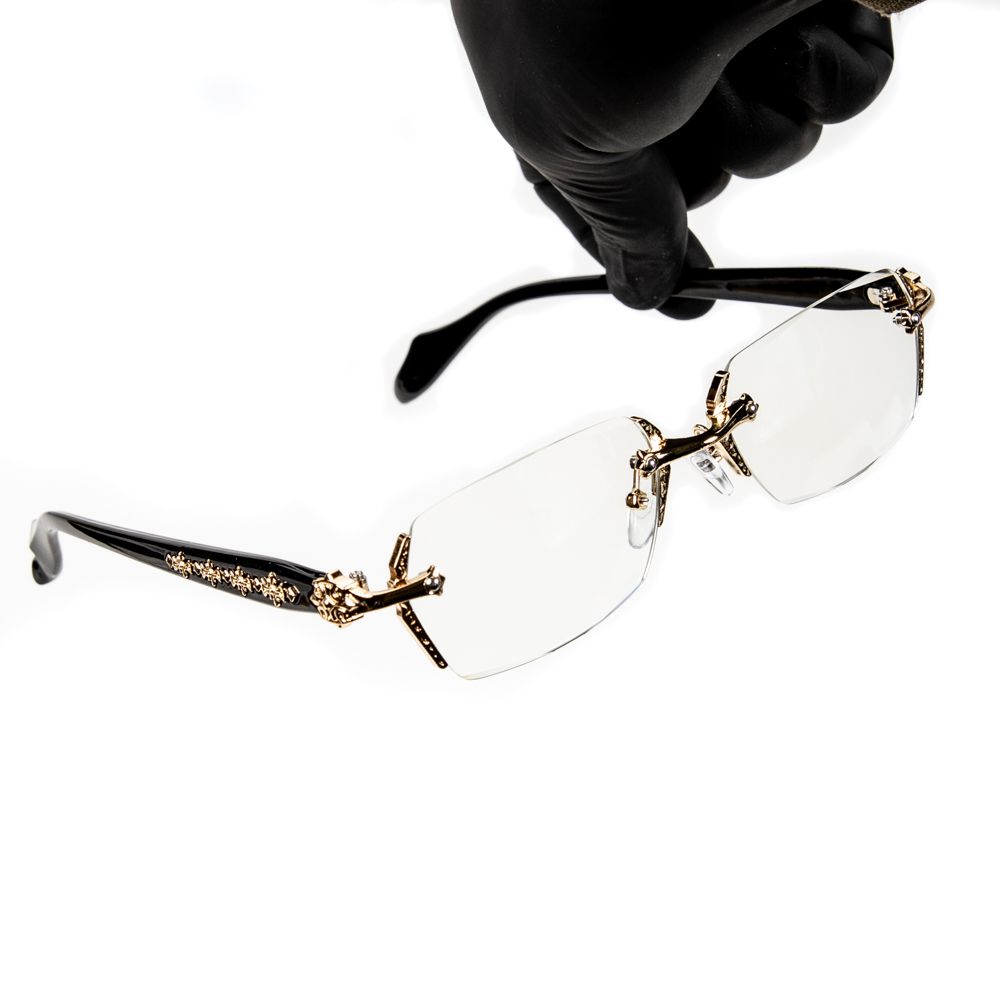 Retro Gothic Cross Style Vintage Designer Edge Cut Rimless Clear Lens Gold Frame Hip Hop Luxury Eye Glasses