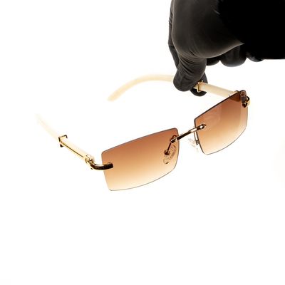 Luxury Brown Rimless White Arm Buffs Gold Frame Men Women Square Frameless Shades Sunglasses