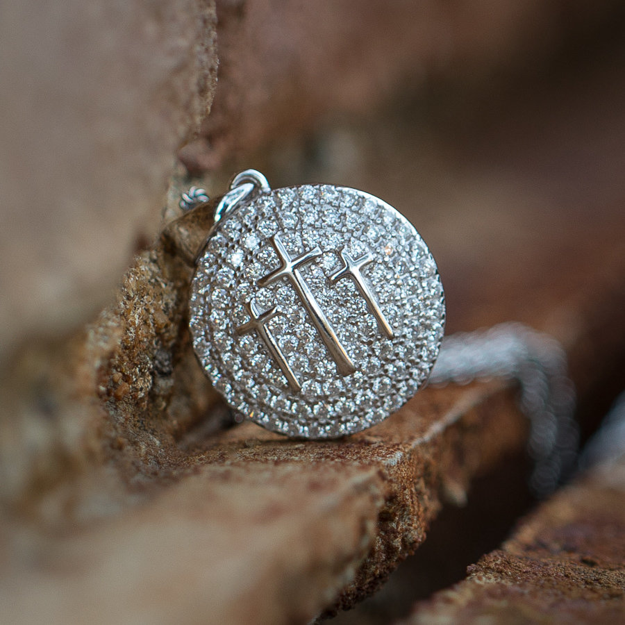 White Gold Plated Round Three Cross Necklace