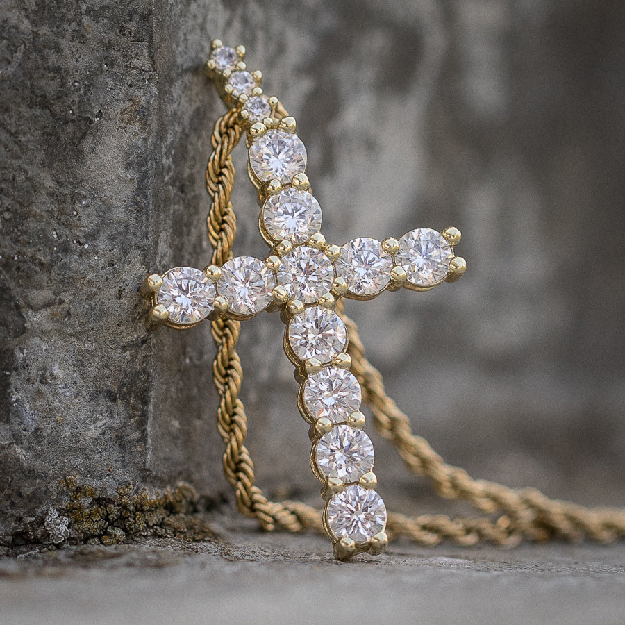 14K Gold Plated Iced Cross With Rope Chain