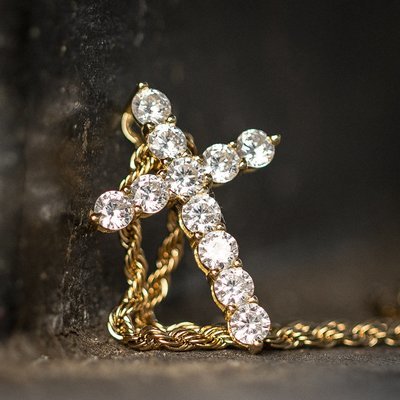 14k Gold Iced Cz Micro Cross Pendant Necklace