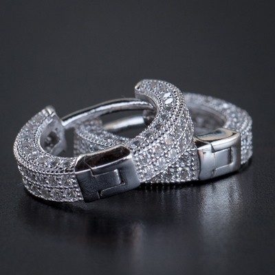 Mens Small White Gold Plated Fully Iced Cz Hoop Earrings